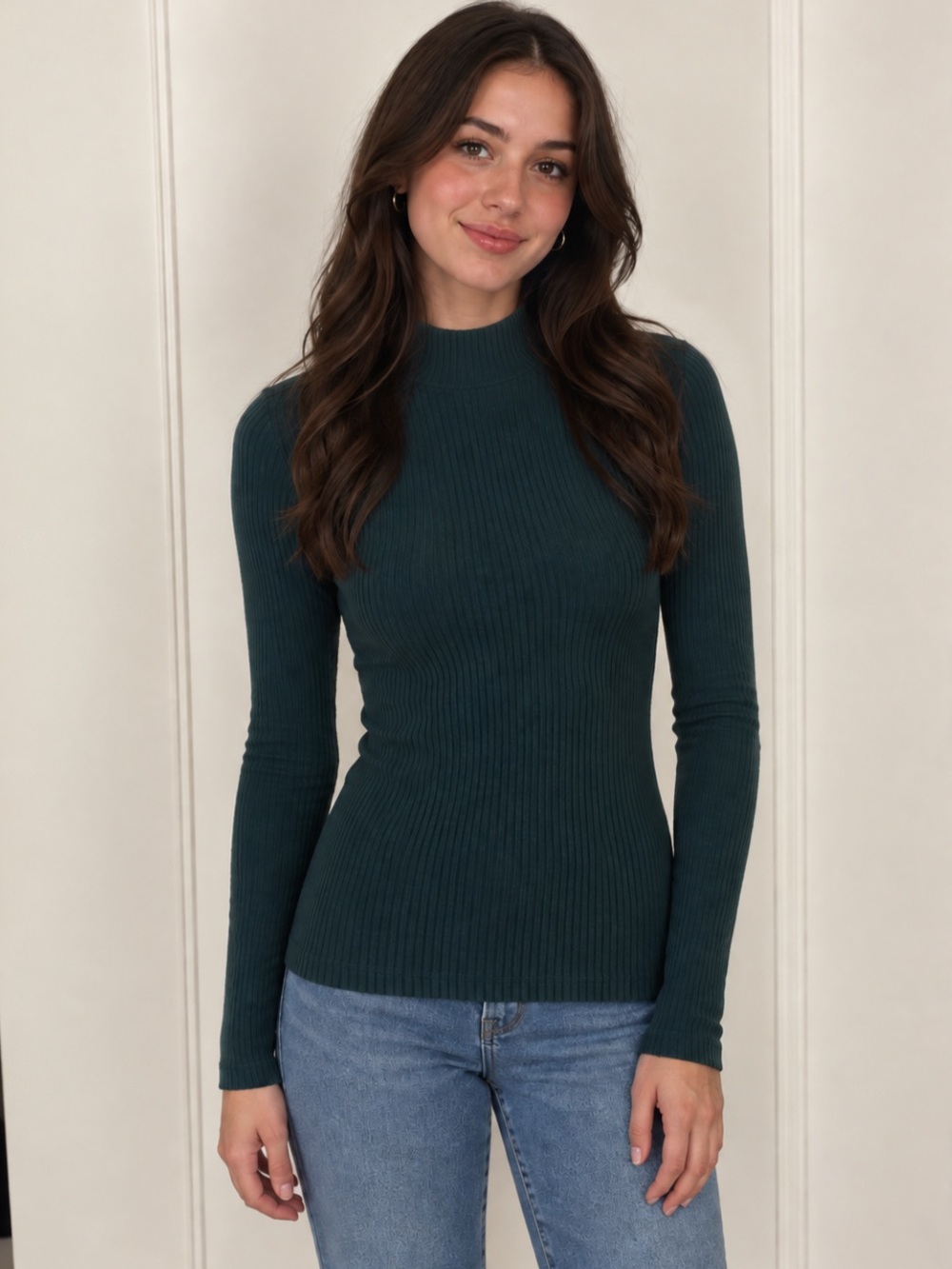 Rachel Zoe Deep Teal Ribbed Mock Neck Long-Sleeve Top